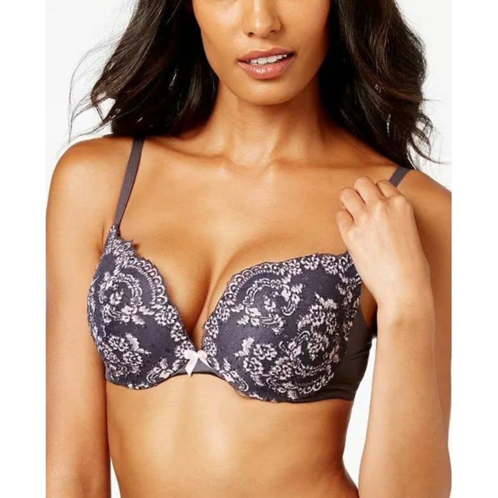 38D Maidenform Love the Lift Push Up Lace Plunge Underwire Bra Gray Grey Pink